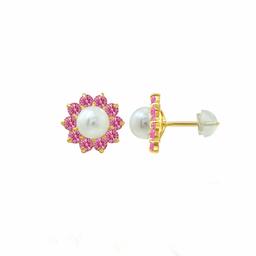 [アマゾンコレクション] Amazon Collection 14Kイエローゴールド 4mm淡水真珠&赤いスワロフスキージルコニア フラワーシェイプスタッドピアス 両耳用スタッドピアス JEE13611_5NNRD00A100