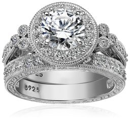 Platinum-Plated Sterling Silver Antique Rings set made with Swarovski Zirconia, Size 9