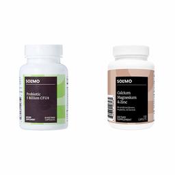 Amazon Brand - Solimo Probiotic 5 Billion CFU, 8 Probiotic strains with 60 mg Prebiotic Blend & Solimo Calcium, Magnesium & Zinc, Calcium 1000 mg, Magnesium 400mg, Zinc 15mg per Serving (3 Caplets)