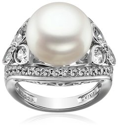 Amazon CollectionPlatinum-Plated Sterling Silver Cubic Zirconia Vintage Freshwater Cultured Pearl Cocktail Ring, Size 8